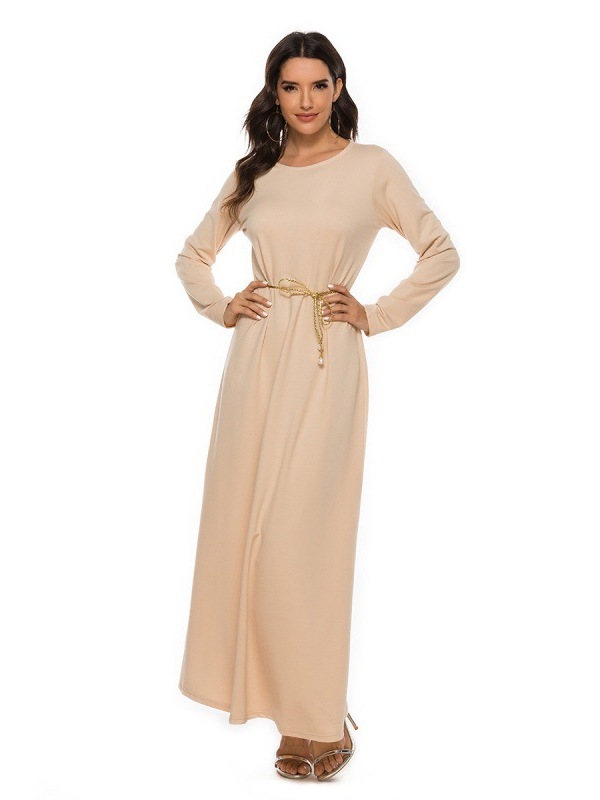 Robe de culte musulmane pour femmes, manches longues, col rond, robe unie du Moyen-Orient, robe de document basique