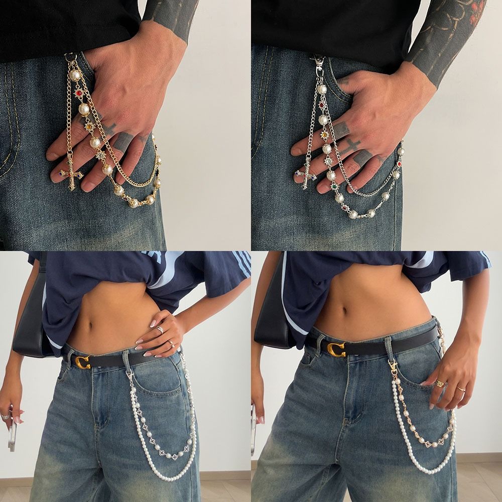 Chaîne de taille croisée exquise, Style Hip-hop, chaîne de pantalon à pompon de luxe, pendentif croix, chaîne de jean Harajuku pour hommes et femmes