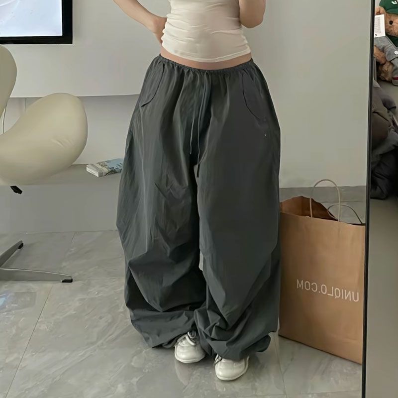 Deeptown Beige surdimensionné femmes Parachute pantalon basique jambe large Jogging mode coréenne Cargo pantalons de survêtement Baggy Hip Hop décontracté nouveau