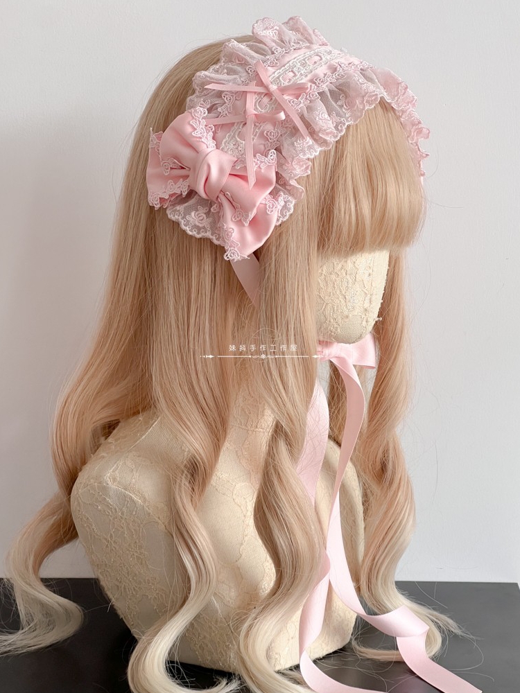 Accessoires pour cheveux Lolita originaux faits à la main, blanc et noir, coiffure rose bleu, bandeau en dentelle avec nœud Kc