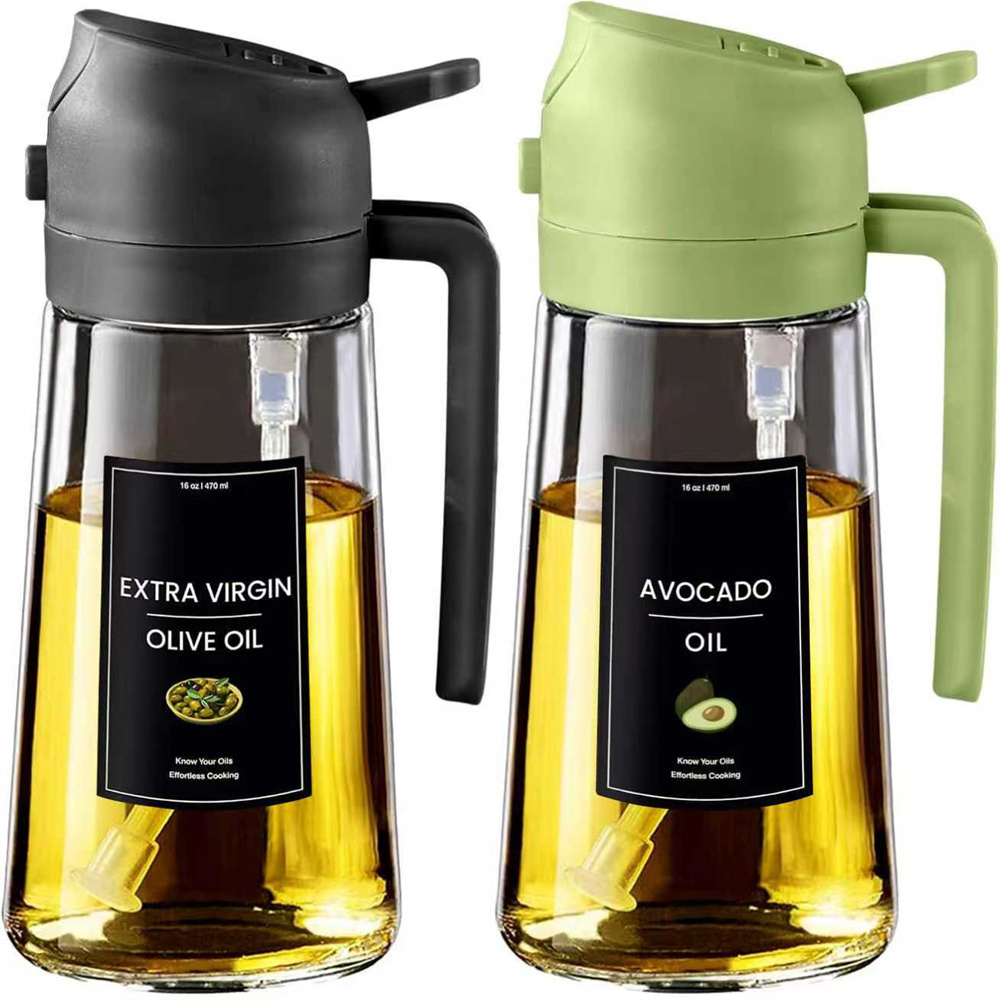 Pulvérisateur d'huile pour la cuisson, bouteille distributrice d'huile d'olive 2 en 1 pour la cuisine avec autocollants, verre Premium 16oz/470ml, brumisateur d'huile de qualité alimentaire