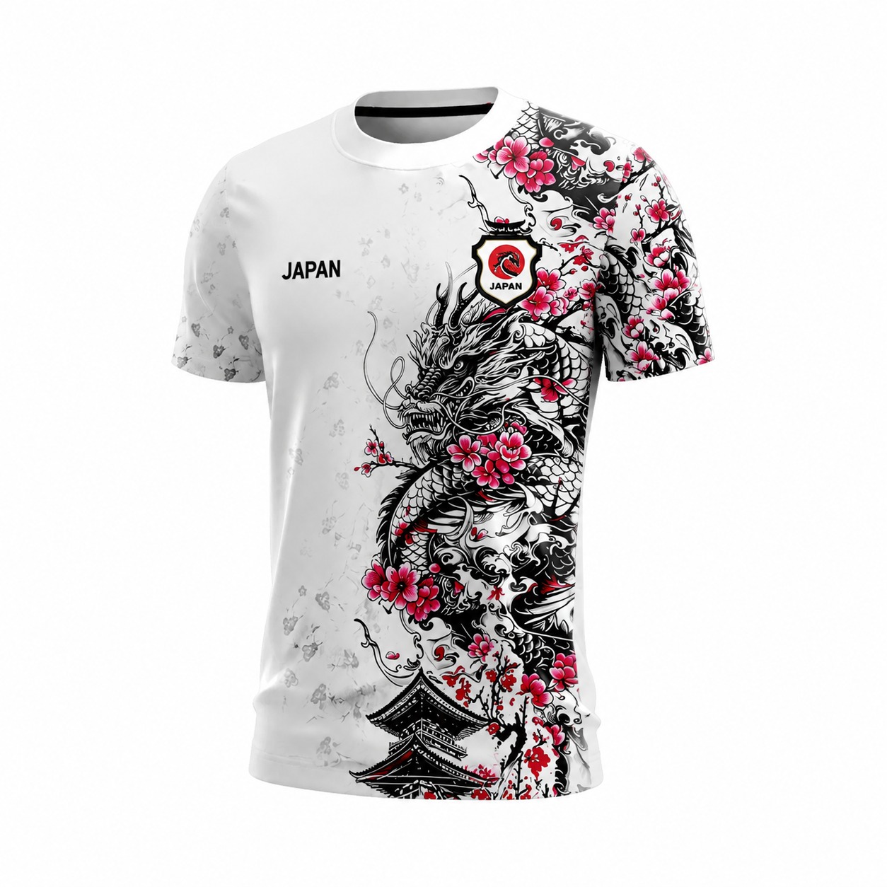Maillot de football japonais pour homme, imprimé sur toute la surface avant et arrière, motif cerisier, dragon, pagode, art à l'encre, t-shirt de sport pour fan de l'équipe nationale