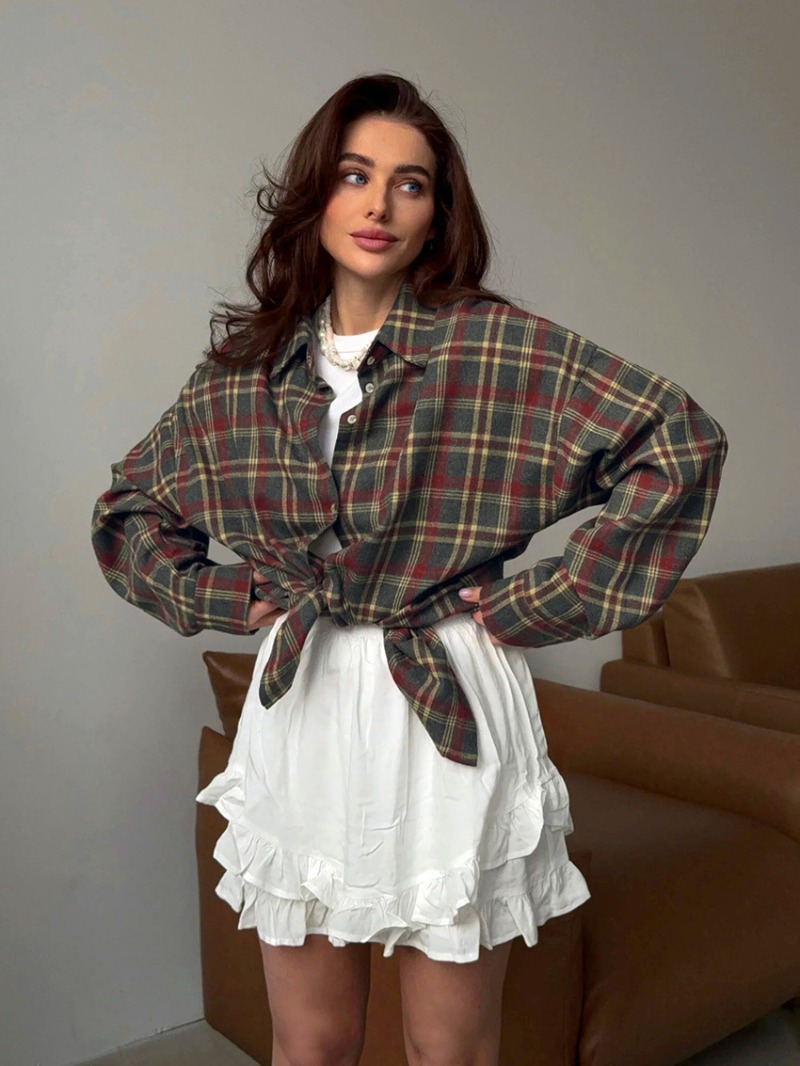 Chemise ample à carreaux en coton pour femmes, élégante, simple boutonnage, Patchwork, manches longues, chemises d'été, streetwear pour dames, 2025