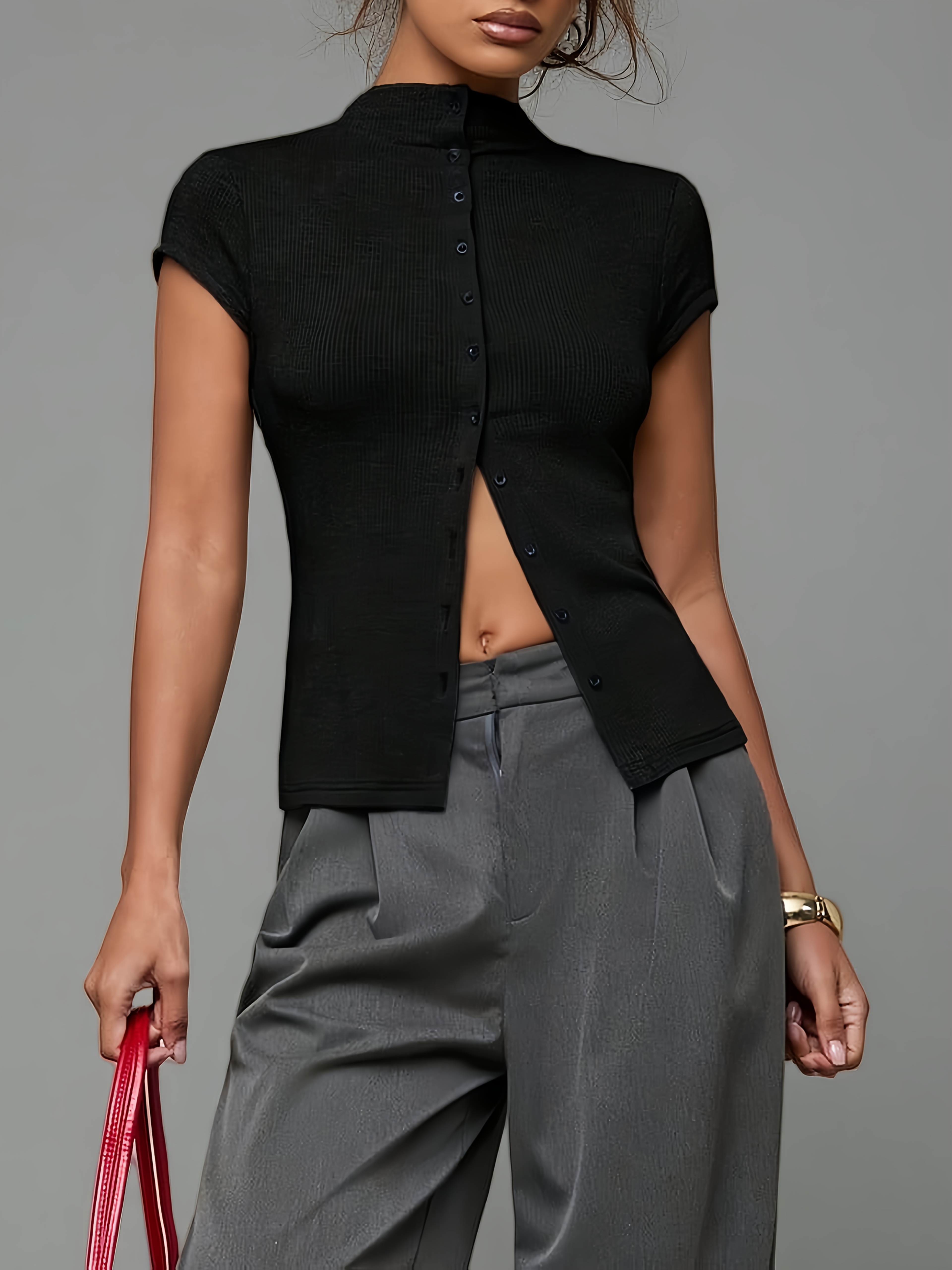 Haut en tricot à col roulé tendance pour femme, cardigan à manches courtes confortable et ajusté pour toutes les saisons, peut être porté comme couche de base