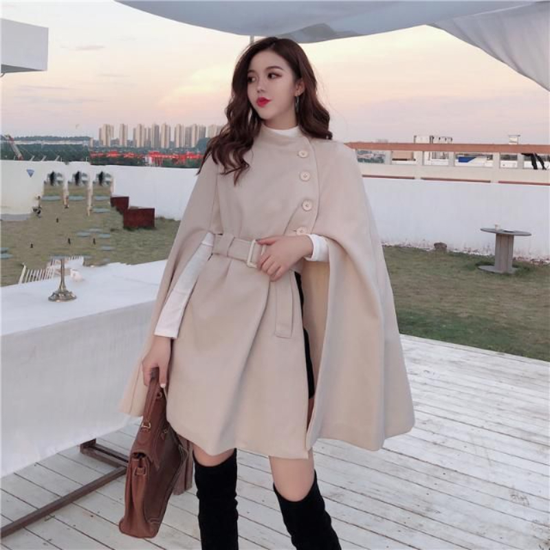 Nouvelle Écharpe-Cape Poncho en Laine de Haute Qualité Automne 2026 avec Ceinture pour Femme, Manteau-Cape Coréen Mi-long Sans Manches Décontracté pour Dames
