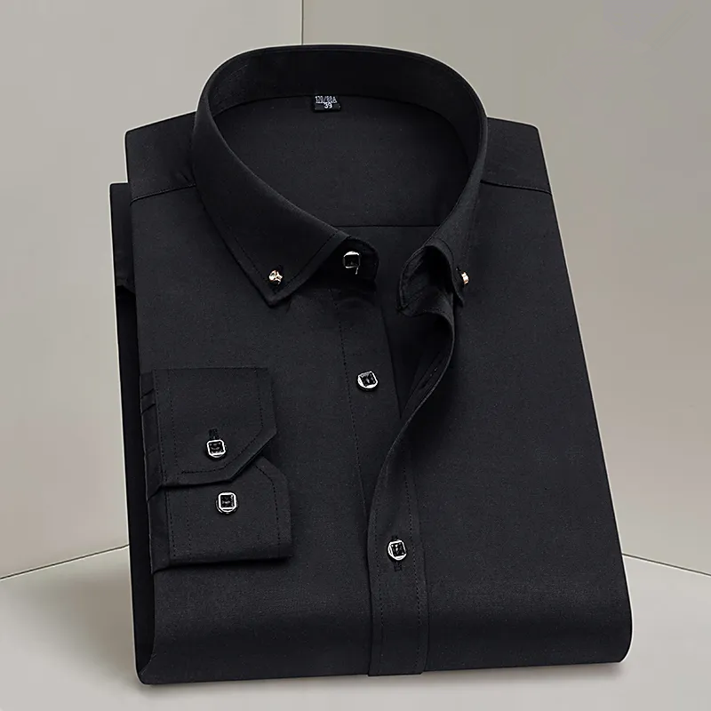 Chemise habillée homme à manches longues, fine, pour le printemps, style business, boutons diamant, noire, pour fêtes et mariages – Nouvelle collection