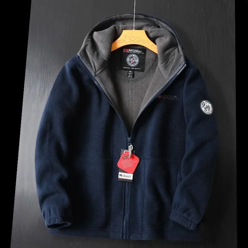 Veste d'hiver en laine pour hommes, haut de gamme, polaire épaisse brodée, coupe-vent, manteau chaud à capuche pour l'extérieur, la neige et le froid
