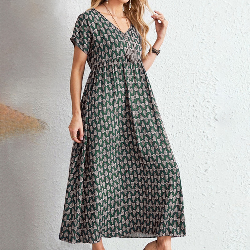 Robe grande taille pour femmes, robe bohème imprimée à manches courtes et col en v, robe longue ample et élégante à taille élastique avec poches