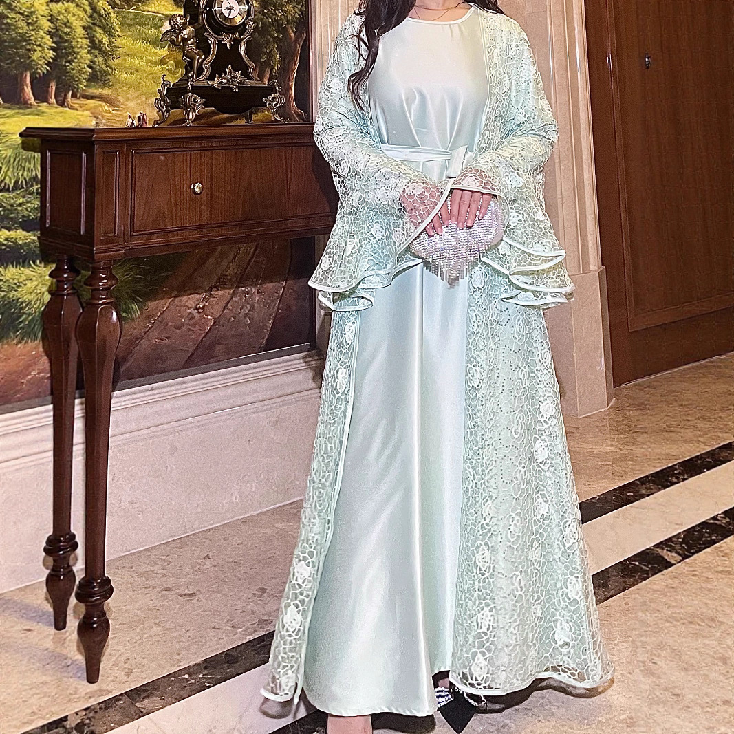 Ensemble deux pièces pour femmes musulmanes marron, dentelle, paillettes, manches cloche, robe de banquet élégante