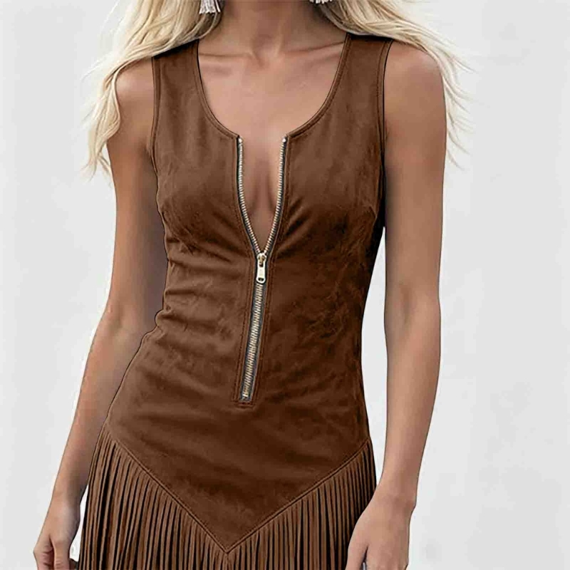 Robe western pour femme, vintage, à franges, zippée, sans manches, moulante.