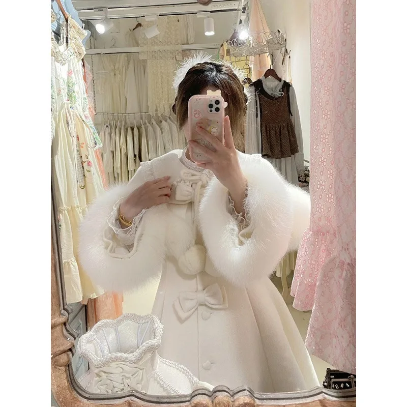 2025 mode tempérament manteau Cape châle deux sur l'hiver nouveau dames papillon arc couleur unie moyen Long col manteau pour les femmes