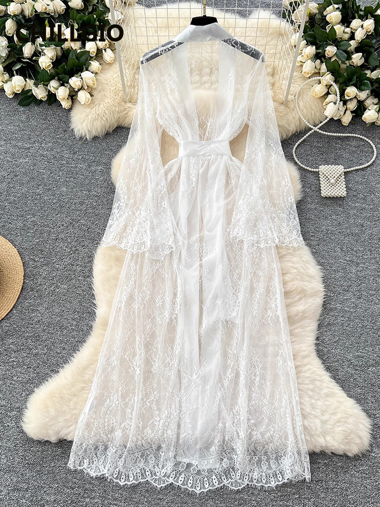 MiniInTheBox LGIO-Robe longue en dentelle transparente pour femme, tentation, chemise de nuit sexy à lacets, nœud, taille haute, robe adulte, robe de luxe élégante