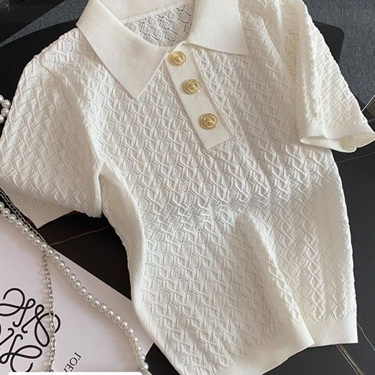 Polo chic en soie glacée haut de gamme pour femme, tricot jacquard unique, manches courtes, coupe ample, blanc, pour l'été