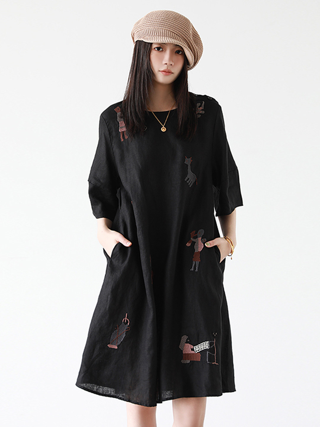 Robe d'été décontractée et confortable pour femme, broderie vintage de dessins animés, col rond, manches courtes, en coton et lin