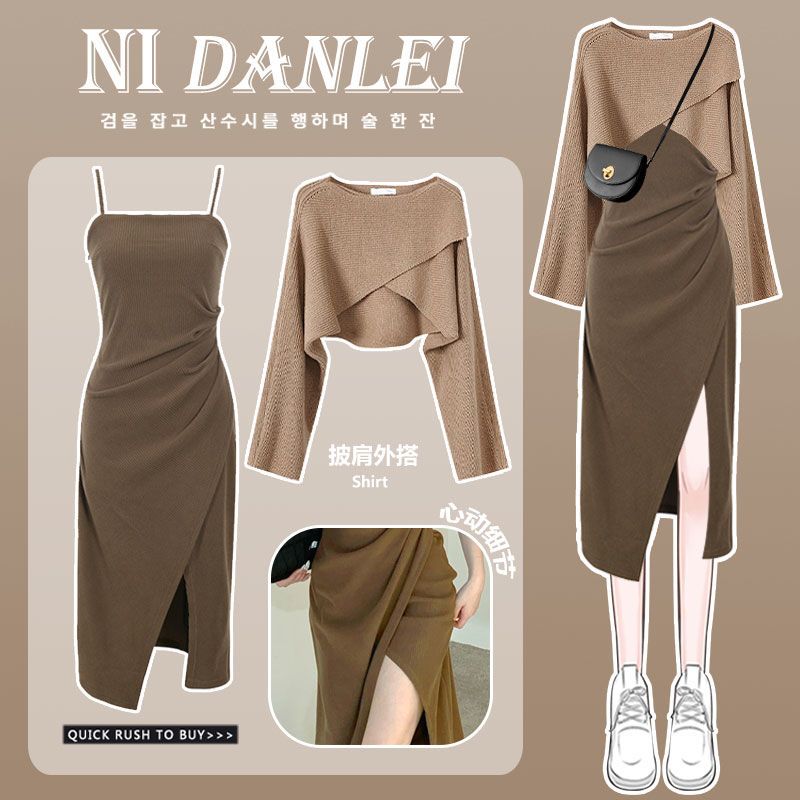 Robe vintage à manches longues pour femmes, tenues féminines en Y, sangle, nouveau, printemps, automne, ensembles de 2 pièces
