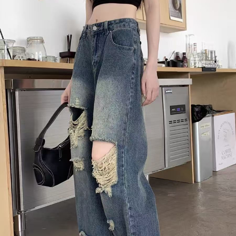 Pantalon en Denim décontracté femmes jean Vintage pantalon droit automne printemps mode femme bleu pantalon à jambes larges trou jean