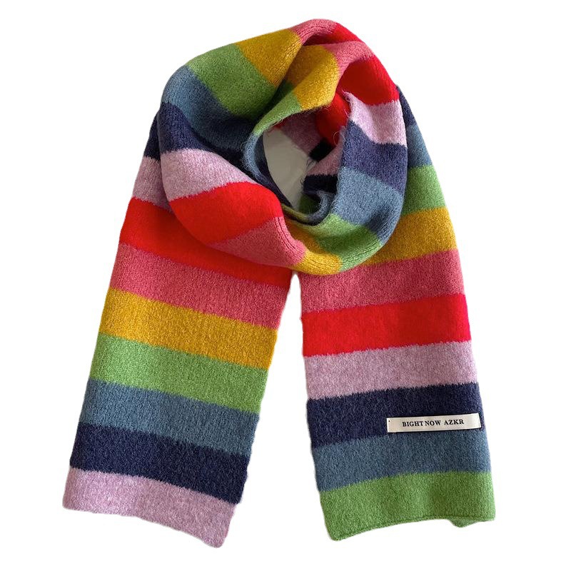 Écharpe Mohair à rayures arc-en-ciel pour hommes et femmes en hiver, écharpe courte en laine à rayures bloquant les couleurs, écharpe courte chaude pour étudiants