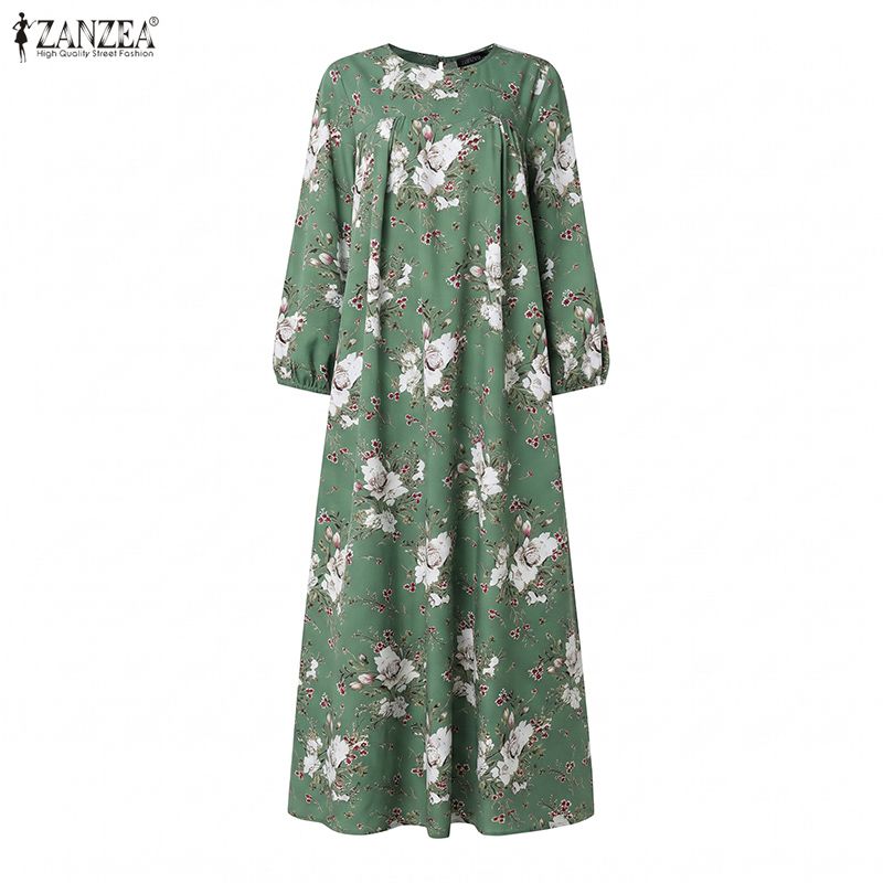 ZANZEA Abaya musulmane pour femmes, robe longue bohème, imprimé floral, manches longues, col rond, robe décontractée ample, kaftan