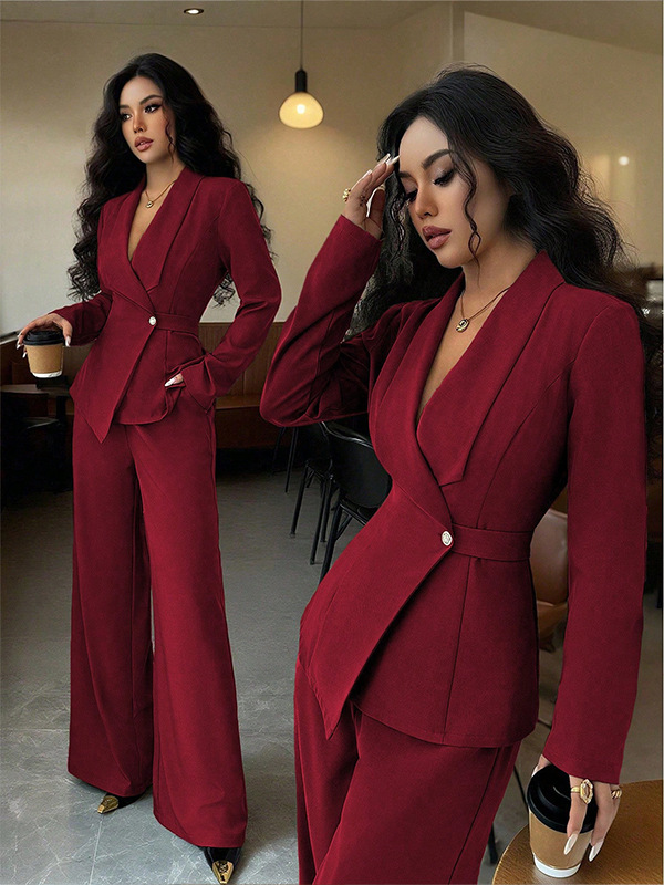 Vêtements pour femmes, nouveau style printemps, veste de costume à manches longues, pantalon à coupe droite, ensemble deux pièces pour un look professionnel et tendance.