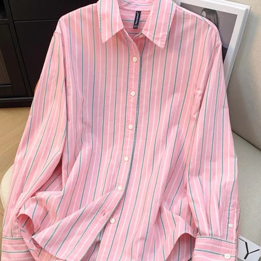 Chemise décontractée polyvalente à manches longues en pur coton rayé coloré pour femme, nouvelle collection Printemps-Automne 2026