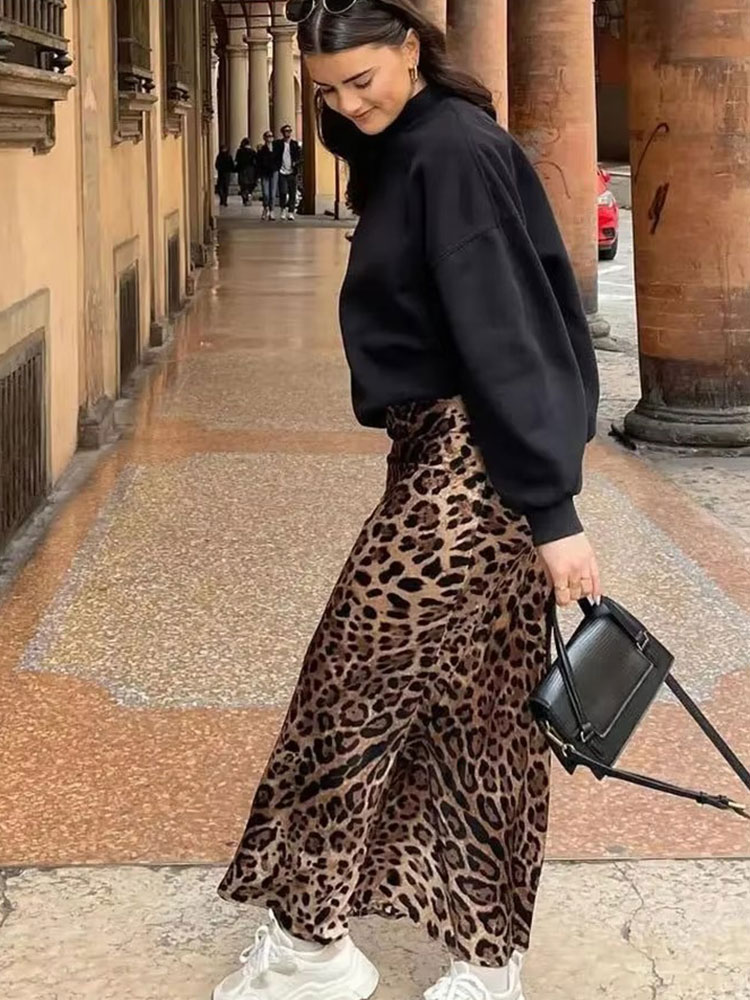 HH femmes mode imprimé léopard jupe Vintage taille haute jupes mi-longues femmes élégantes été décontracté Streetwear jupe
