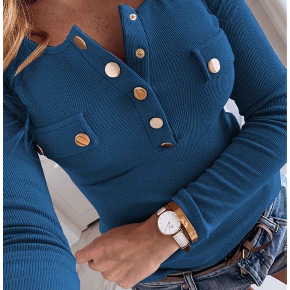 T-shirt tricoté à manches longues pour femme, haut à la mode, col rond, boutons, couleur unie, décontracté, polyvalent, automne
