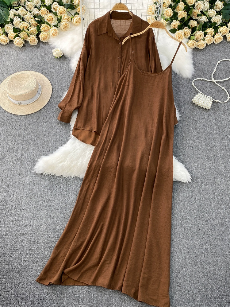 Femmes robe deux pièces ensemble printemps été ample extérieur mince à manches longues petit haut sans manches décontracté Camisole moulante robe tenues