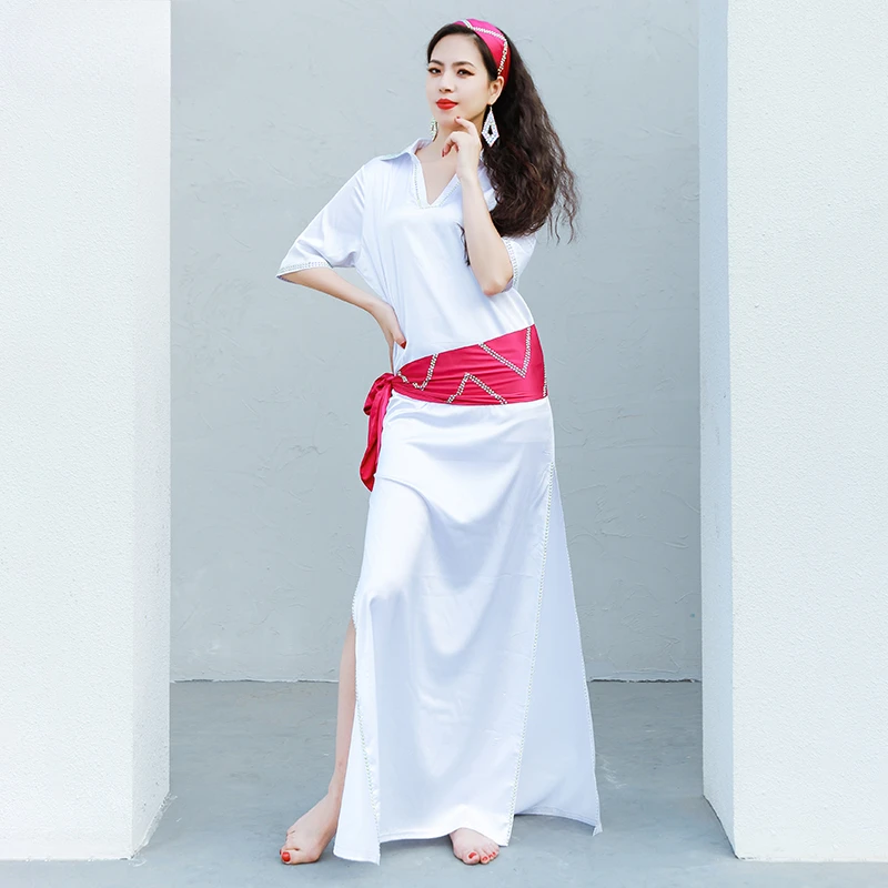 Robe de danse du ventre en satin à demi-manches pour adultes, vêtements d'entraînement en ylène, robes fendues trempées, vêtements de performance