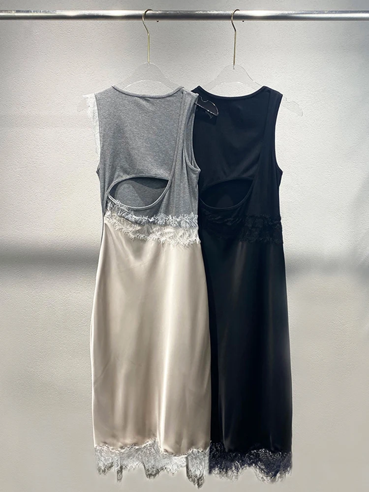 Robe tricotée à col rond pour femmes, sans manches, dentelle patchwork, élégante, mi-longue pour dames