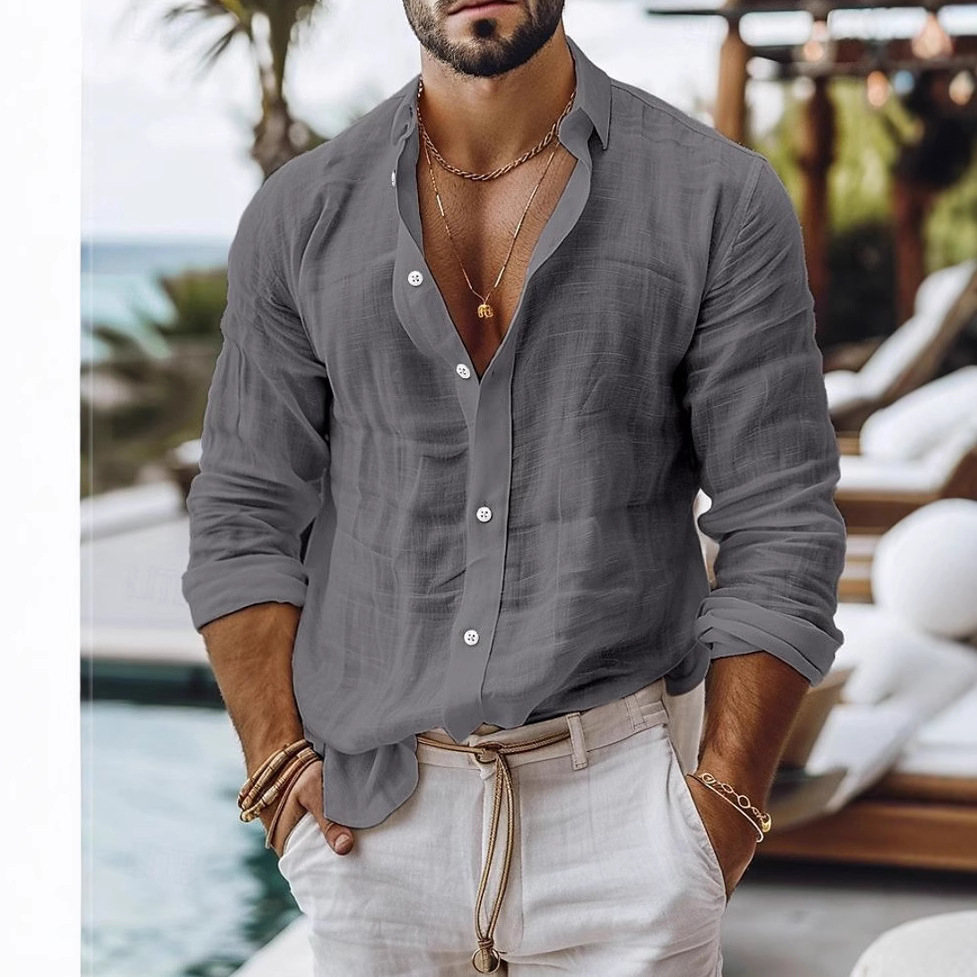 Hommes Blouse chemises été col rabattu à manches longues bouton couleur unie vêtements de plage amples lin Blouse hauts NMD-20250821001