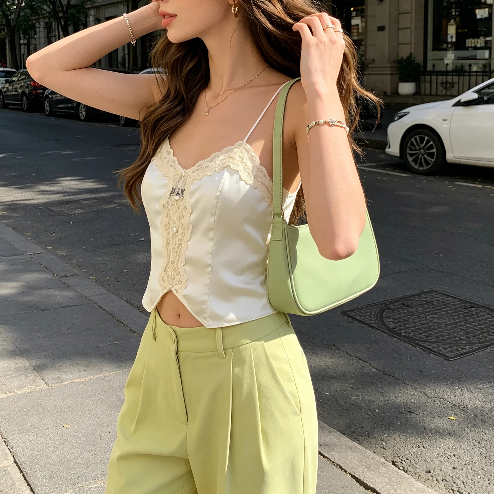 Nouveau débardeur court en satin pour femme, collection été 2026, avec dentelle, sexy, élégant et tendance