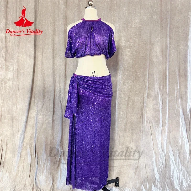 Ensemble de costumes de concours de danse du ventre pour femmes, haut à paillettes + jupe longue fendue, Costume d'entraînement 2 pièces, tenue orientale personnalisée pour adultes et enfants