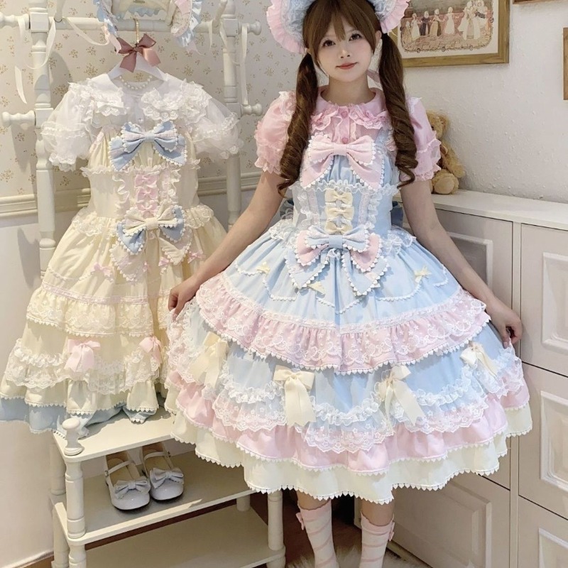 Robe Lolita douce pour femmes, couleur unie, avec volants, dentelle, nœud, patchwork, style princesse Kawaii, longueur genou, élégante, pour toutes les saisons, cosplay