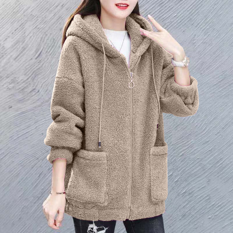 Manteau à capuche pour femme, chic, en polaire épaisse, couleur unie, avec poches, manches longues, coupe ample, chaud, en peluche, fermeture éclair, cardigan, pour l'extérieur, automne-hiver, nouveauté