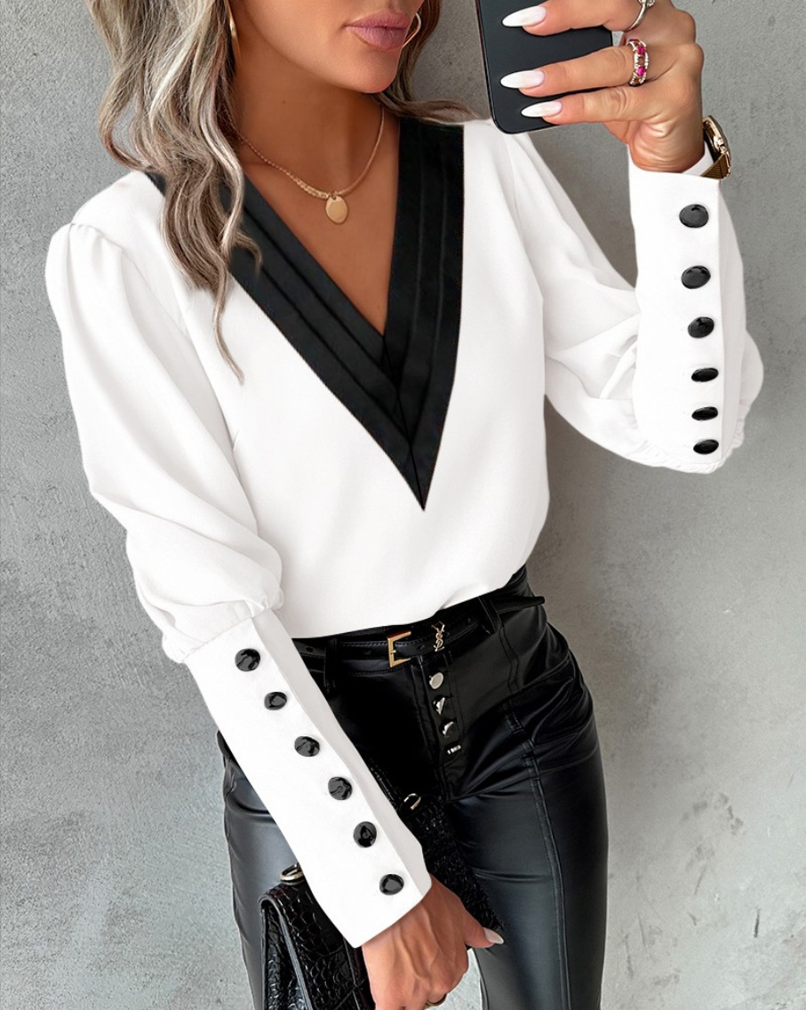 Bureau dames col en v bouton chemise Blouse printemps automne mode couleur correspondant à manches longues chemises pour femmes 2024 hauts blancs Femme