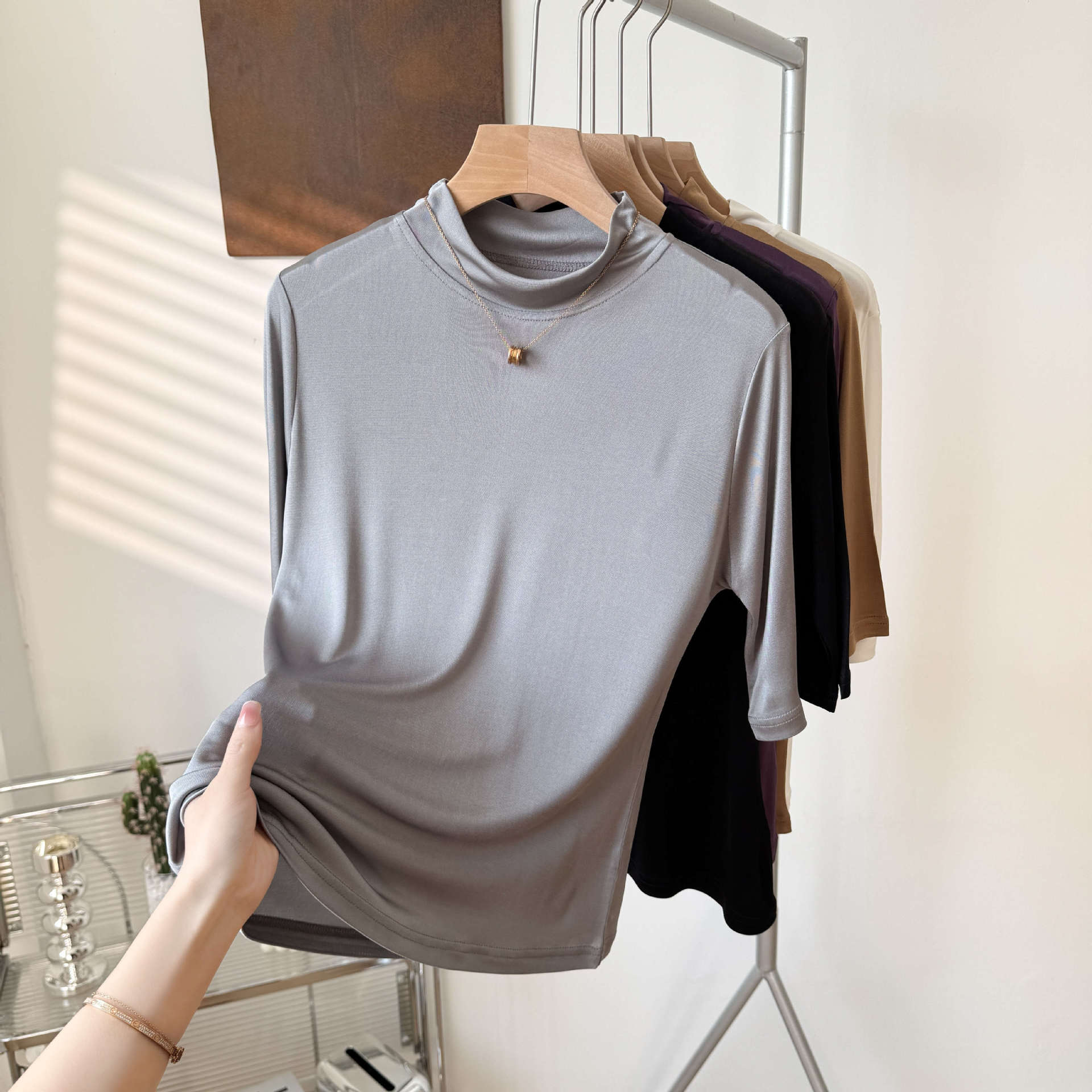 Yuyue's 100% soie de mûrier basique femmes T-shirt couleur unie grande taille demi col rond soie de mûrier haut mi-manches chemise de Base