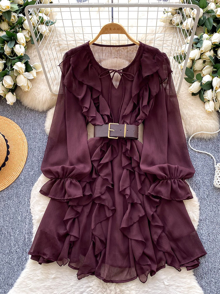 Robe de printemps pour femmes, élégance française, en mousseline de soie, à volants, manches longues, taille haute, ceinturée, polyvalente, pour le bureau, longueur mi-longue, Vestidos DS334