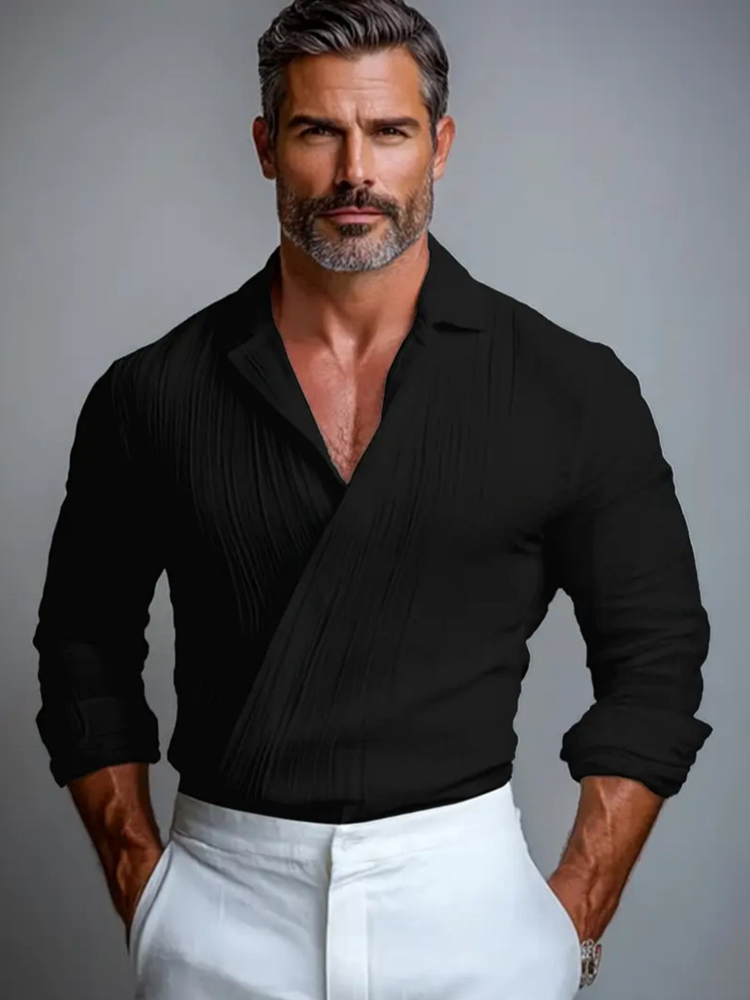 Chemisier Slim élégant pour hommes, chemises à manches longues, Design à revers croisé, hauts Vintage, couleur unie, chemise texturée, printemps automne
