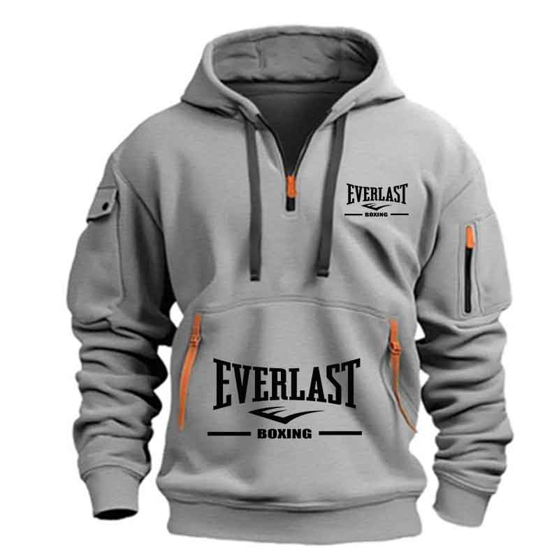 Sweat à capuche décontracté pour hommes, multi-poches, sport, manches longues, imprimé, chaud, demi-fermeture éclair, pull de Fitness, bon