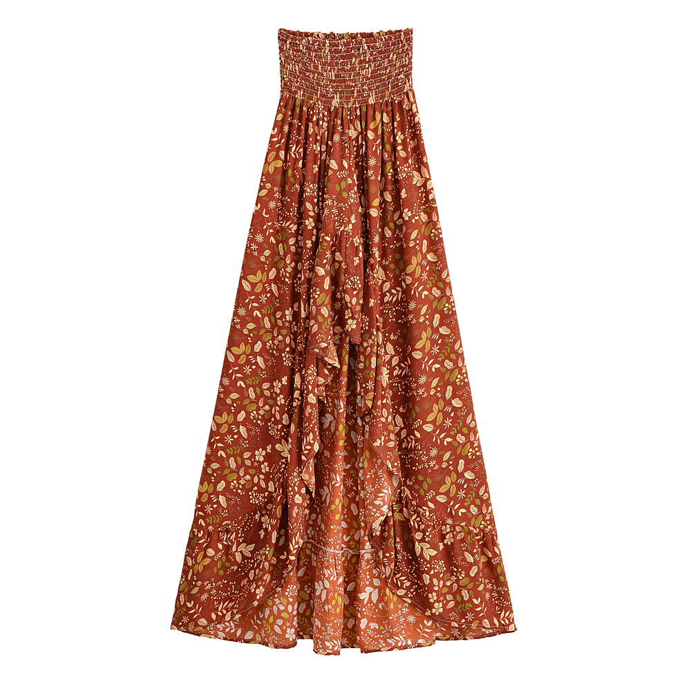 Jupe longue maxi bohème à imprimé floral pour femme, jupe d'été à volants superposés coupe trapèze, taille haute élastique, pour plage et soirée, imprimé ethnique