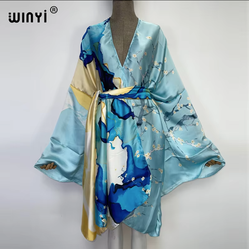 WINYI Kimono de défilé pour femme, imprimé, à ourlet bouffant, manteau, cardigan à manches longues, abaya, vêtement de plage de luxe de Dubaï, robe bohème, caftan