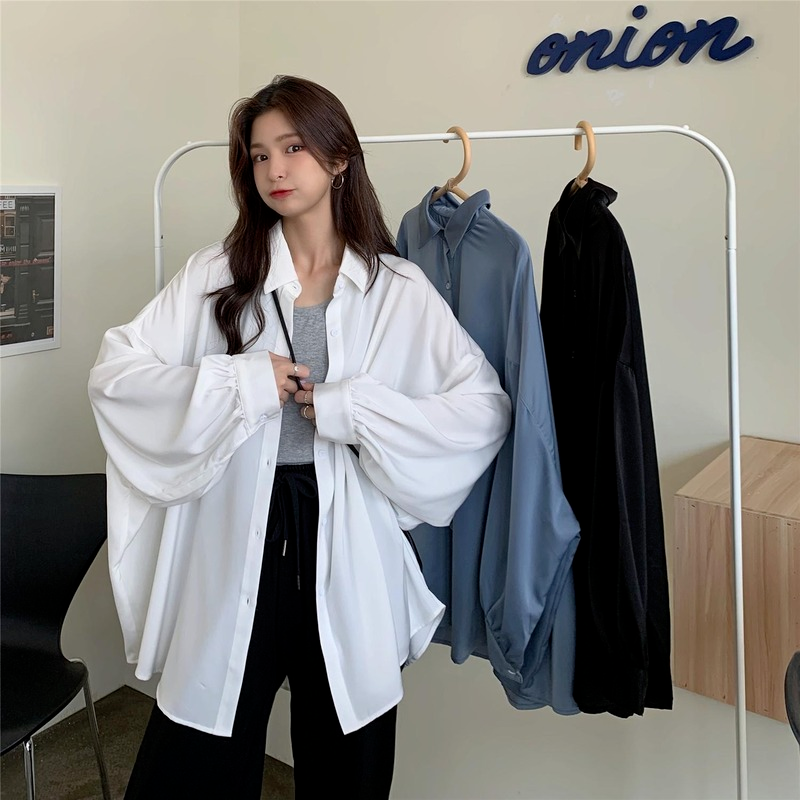 Chemise surdimensionnée pour femmes, chemisiers élégants, manches lanternes, chemise blanche, manteau Shir mi-long, tunique pour femmes, printemps été 2021