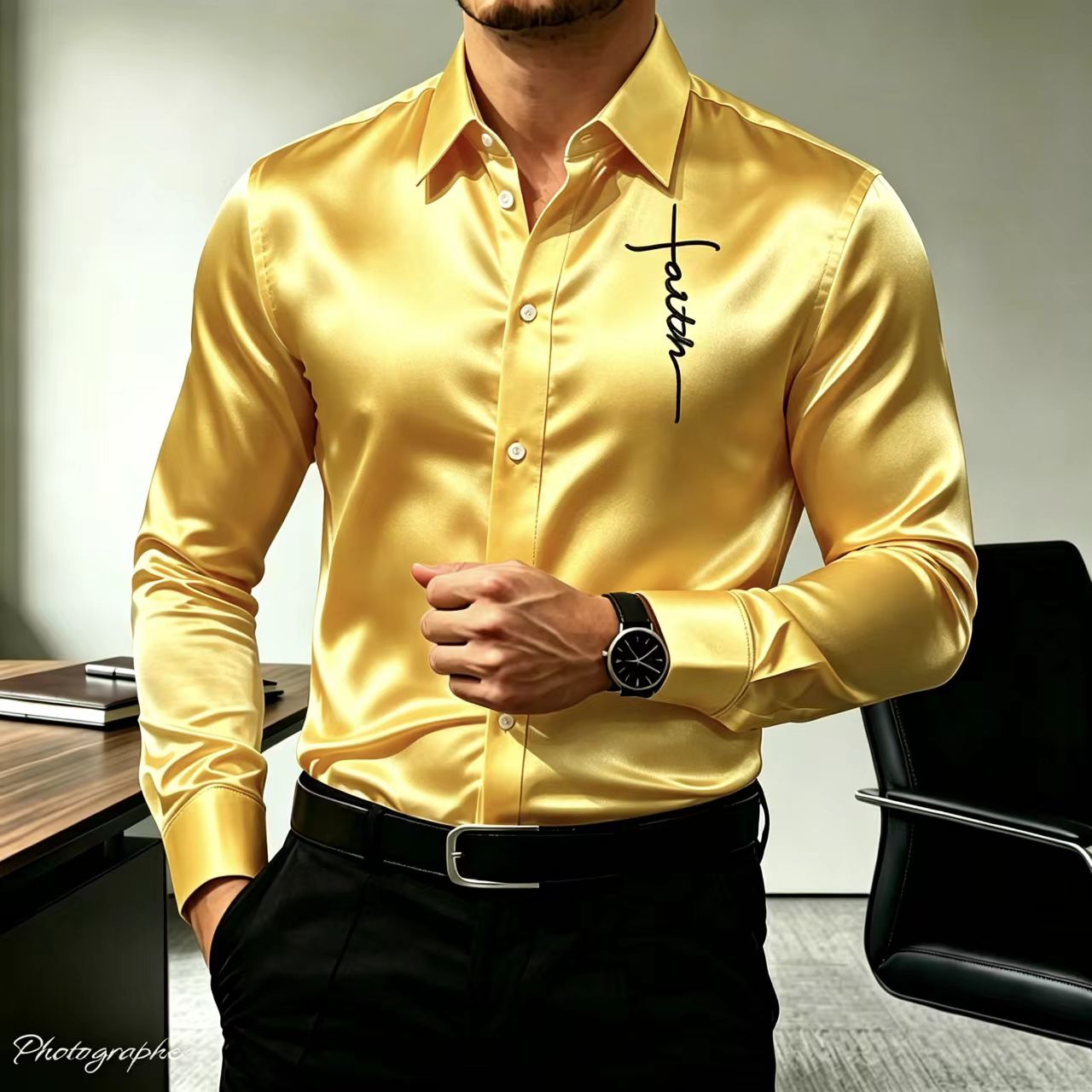 Chemise habillée homme en satin de soie à manches longues, imprimé lettres, coupe ajustée, boutonnée, pour affaires, décontractée, soirée, mariage, formelle