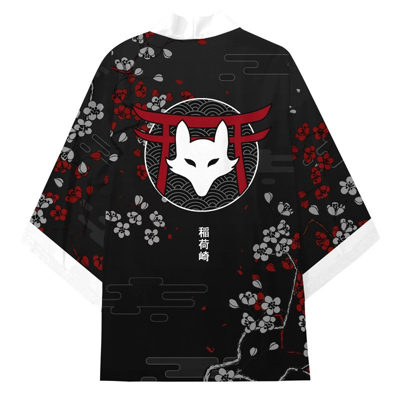 Kimono japonais imprimé renard Inari pour hommes et femmes, Costume traditionnel asiatique d'été Yukata Haori, Cardigan à fleurs rouge, Costumes de Cosplay