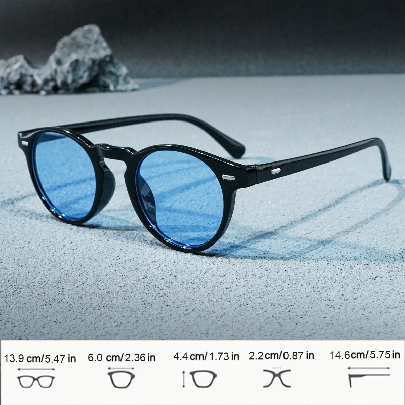 1 paire de lunettes rondes rétro unisexes, monture noire avec verres bleus. Cadre robuste, accessoire de mode décoratif décontracté.