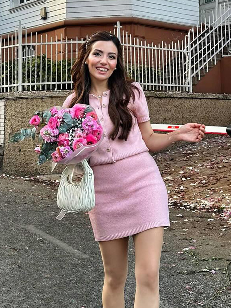 HH – costume tricoté à la mode pour femmes, col rond, simple boutonnage avec poche, haut à manches courtes + taille élastique, ensemble Mini jupe solide
