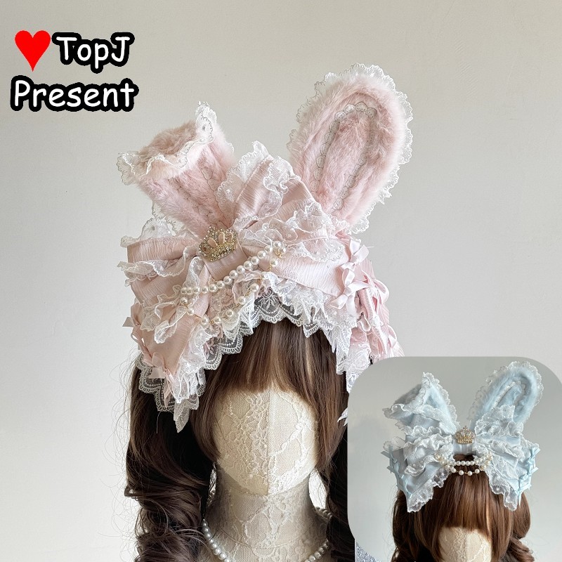 Serre-tête Lolita Gothique Élégant à Oreilles de Lapin Japonais, en Dentelle et Perles, avec Volants, Accessoire de Coiffure
