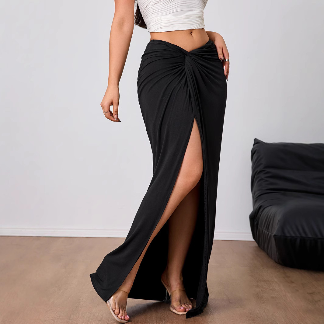 Jupe longue noire élégante pour femme, plissée, taille haute, fendue, tenue printemps-été, mode décontractée streetwear