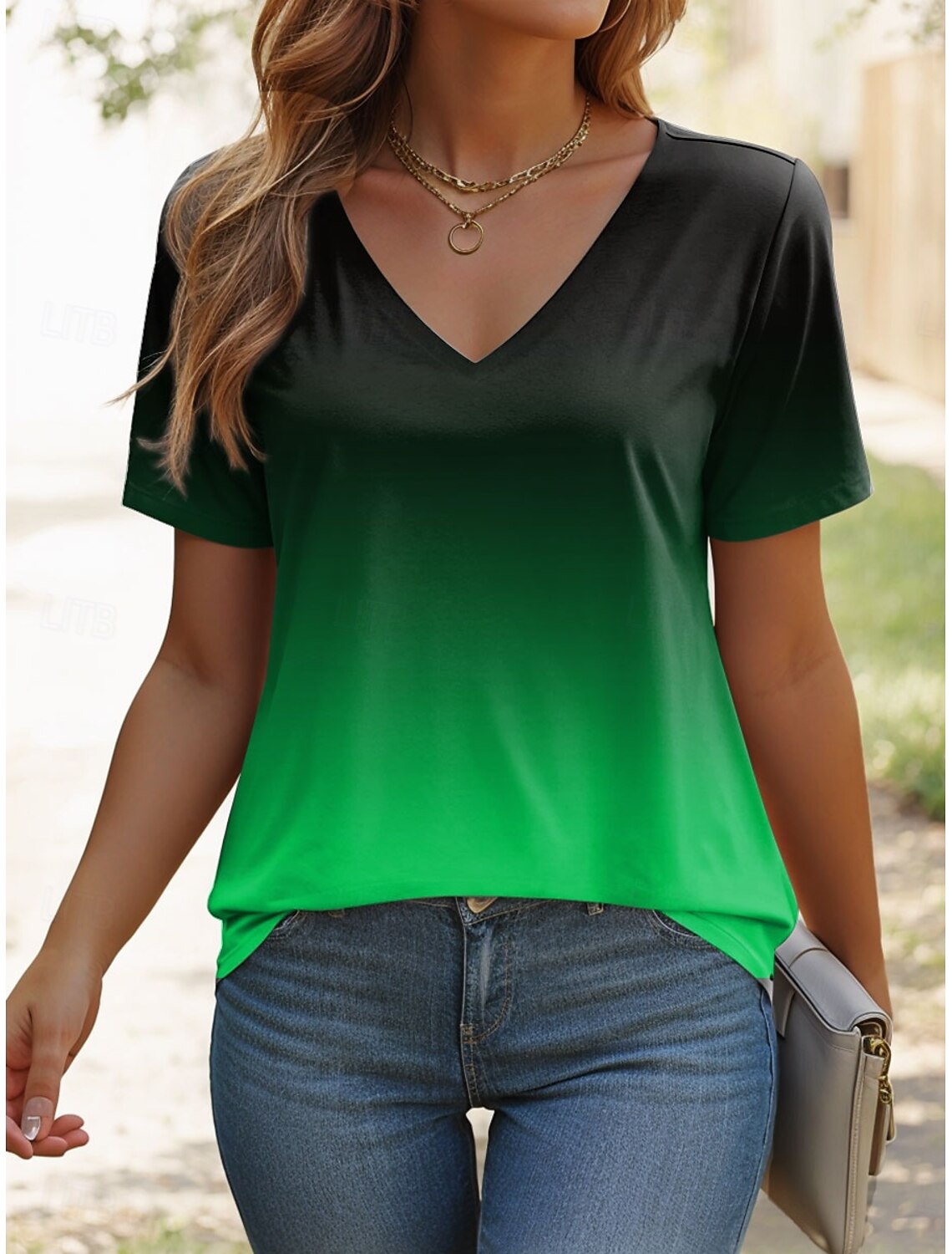 T-shirt femme Ombre graphique élégant décontracté manches courtes col en V hauts réguliers imprimé quotidien été dégradé femmes mode t-shirts