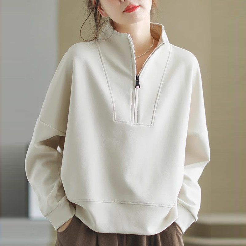 Sweat-shirt à col montant et demi-zip pour femme, couleur unie, doux, à manches longues, pull décontracté et confortable pour femme, collection printemps